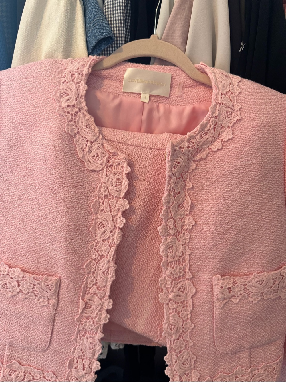 LoveShackFancy Pink Cropped Lace-Trim Tweed Jacket